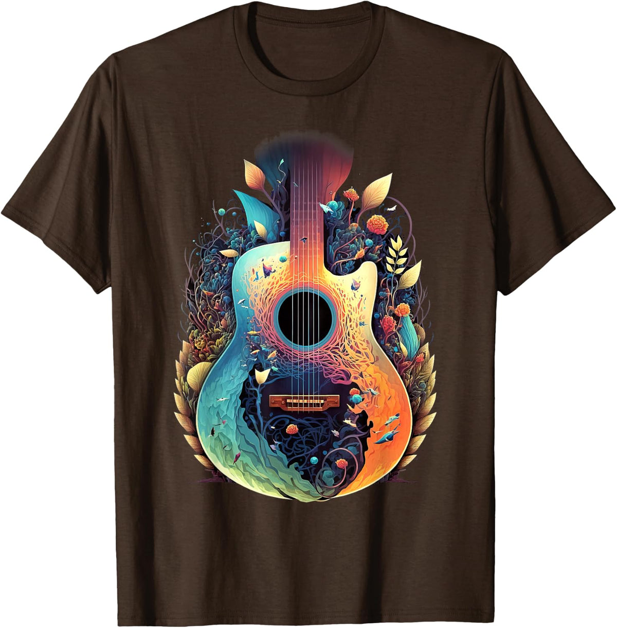 Guitar Graphic Music Lover - Acoustic Guitar Musician Floral T-Shirt - Brown