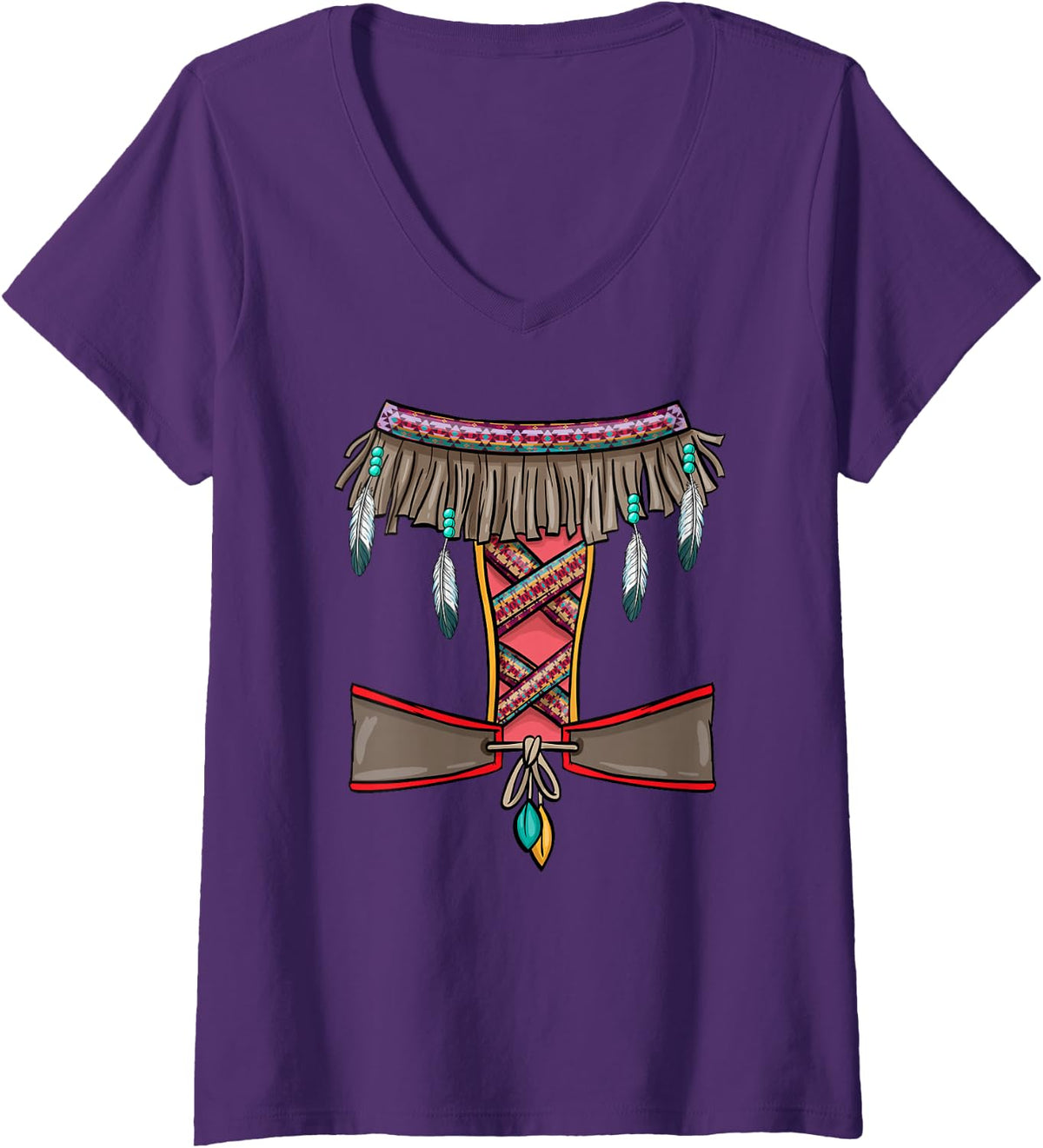 Women's Indian Costume I Mardi Gras Squaw Western Indian Costume V-Neck T-Shirt - Purple