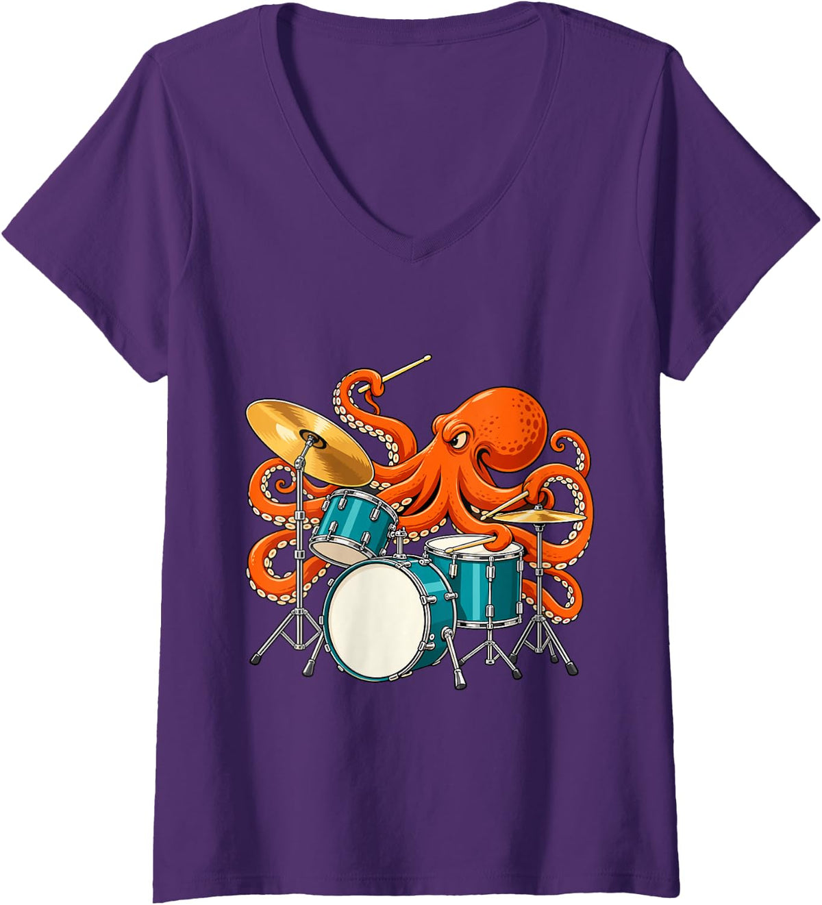 Women's Octopus Drummer Drum Musician Music Lover V-Neck T-Shirt - Purple
