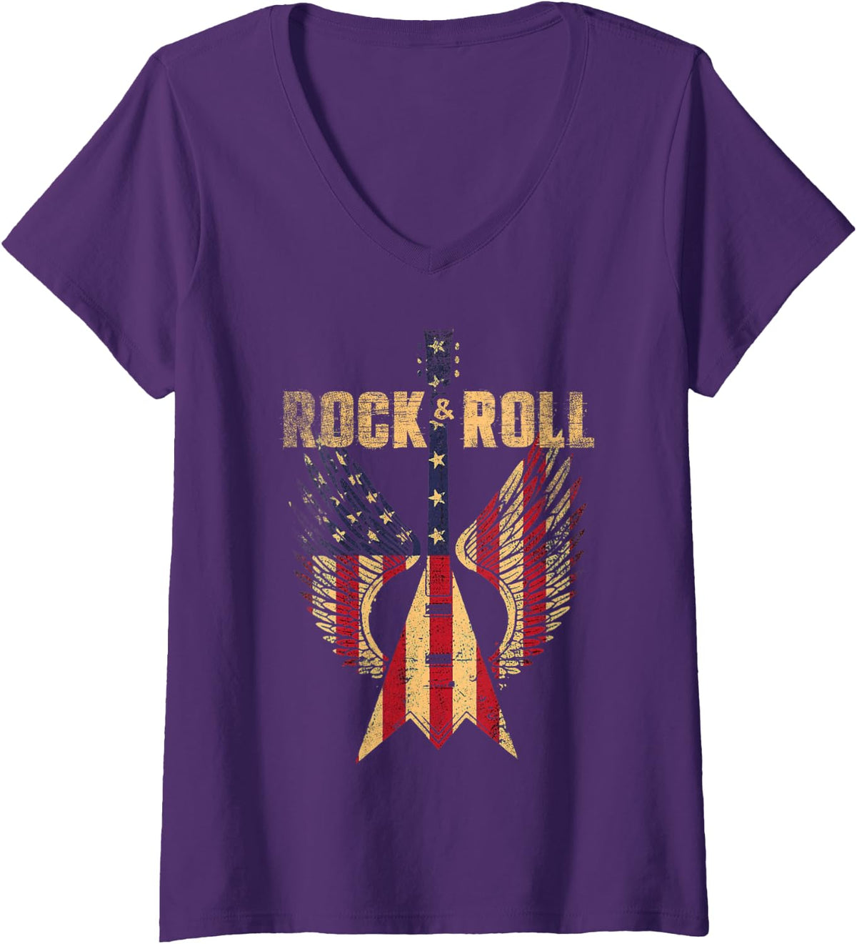 Womens Vintage Rock and Roll Music Retro Rock'n'Roll American Flag V-Neck T-Shirt - Purple