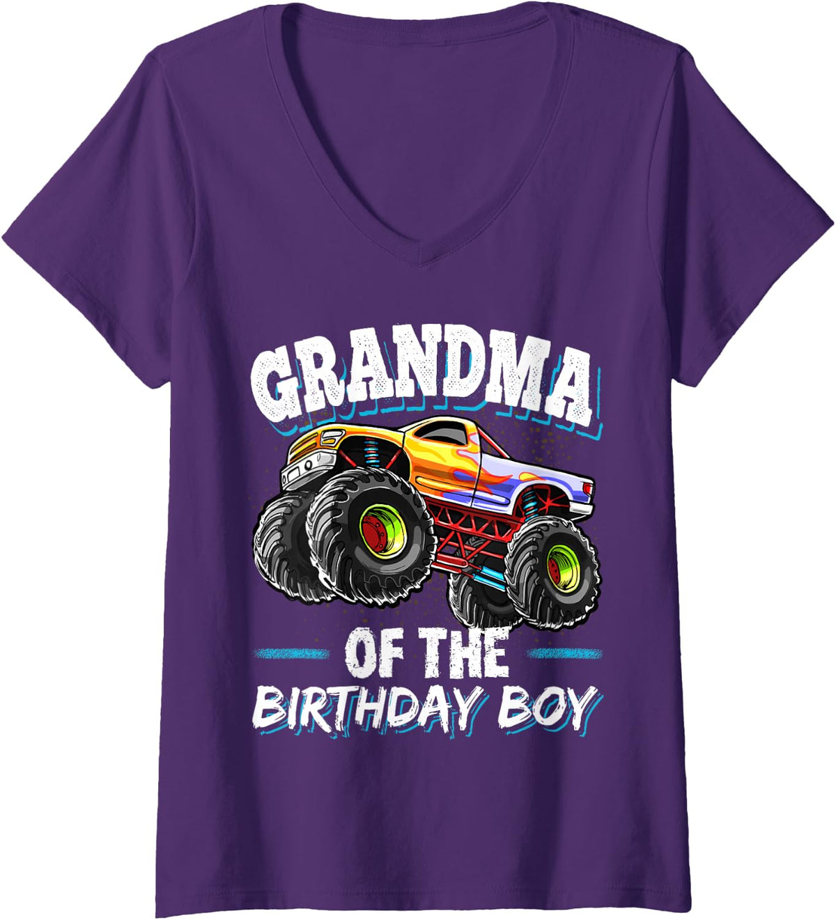 Womens Grandma of the Birthday Boy Monster Truck Birthday Party V-Neck T-Shirt - Purple