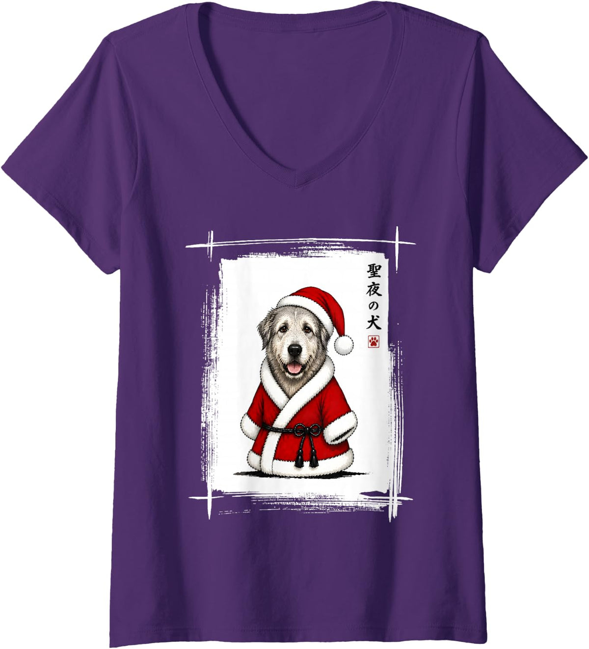 Women's Irish Wolfhound Christmas Japanese Art Funny Irish Wolfhound V-Neck T-Shirt - Purple