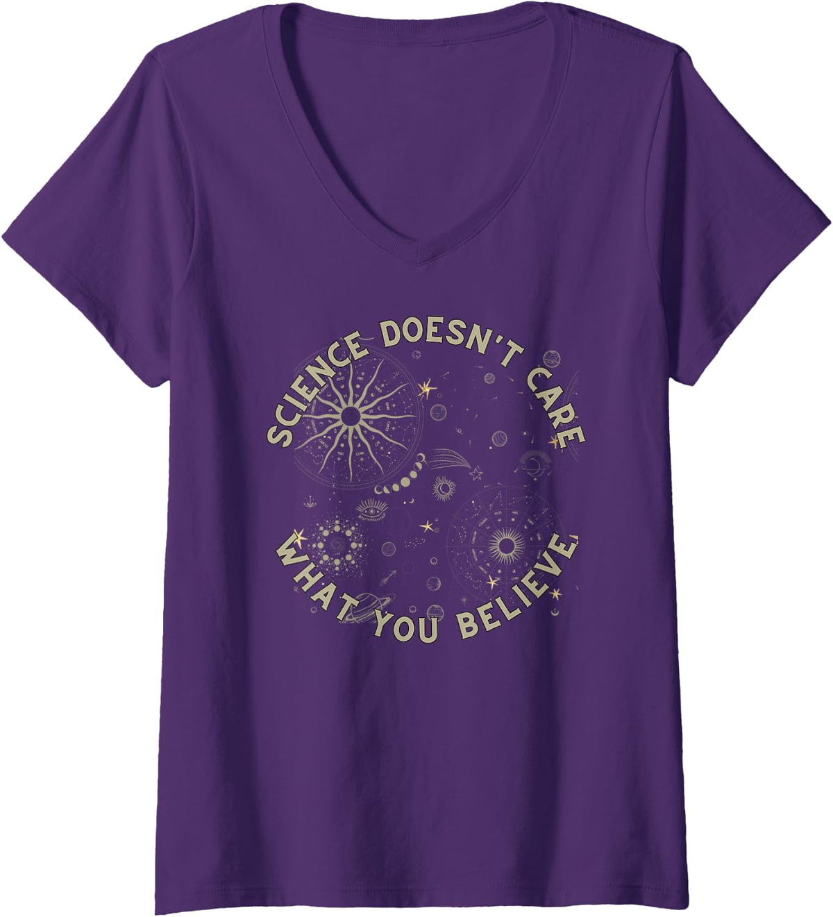 Women's Science Doesn't Care What You Believe For Scientist, Teacher V-Neck T-Shirt - Purple