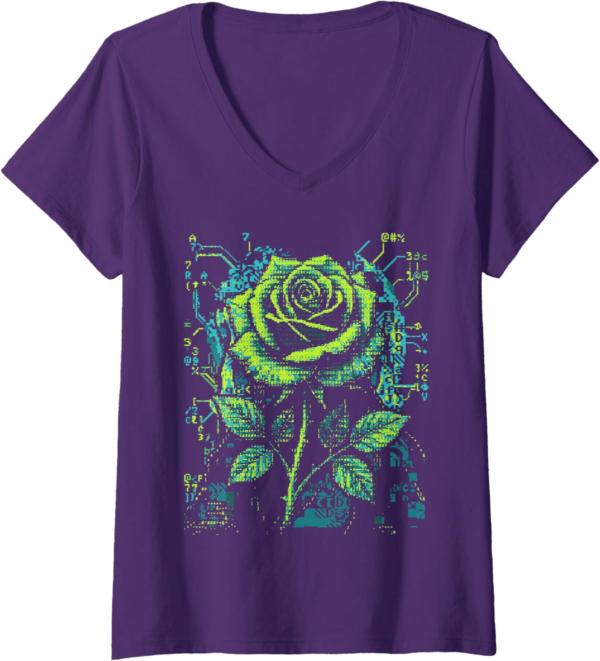 Women's ASCII Rose Pixel Art Floral Cyberpunk Aesthetic V-Neck T-Shirt - Purple