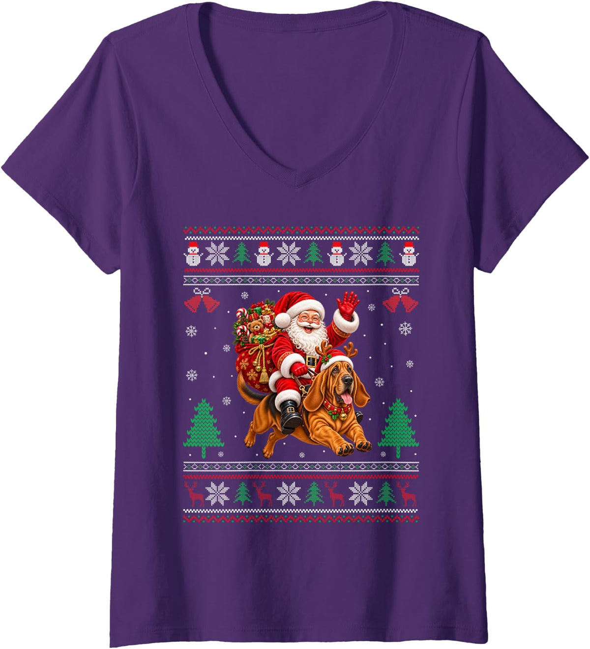Women's Bloodhound Ugly Christmas Sweater Santa Riding Dog Xmas V-Neck T-Shirt - Purple