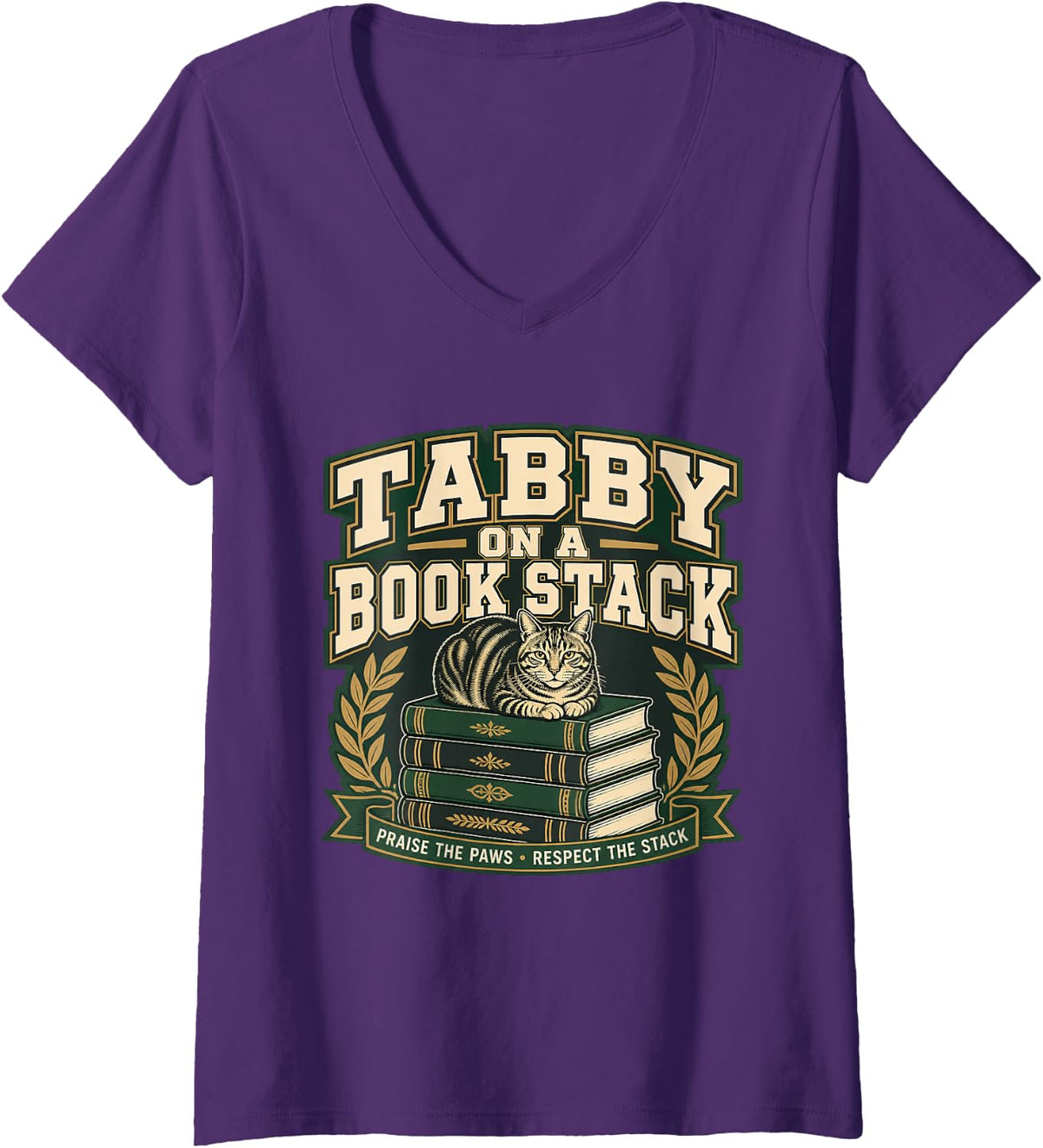 Women's Tabby ON A Book Stack Cat Reading Book Lover Reader V-Neck T-Shirt - Purple