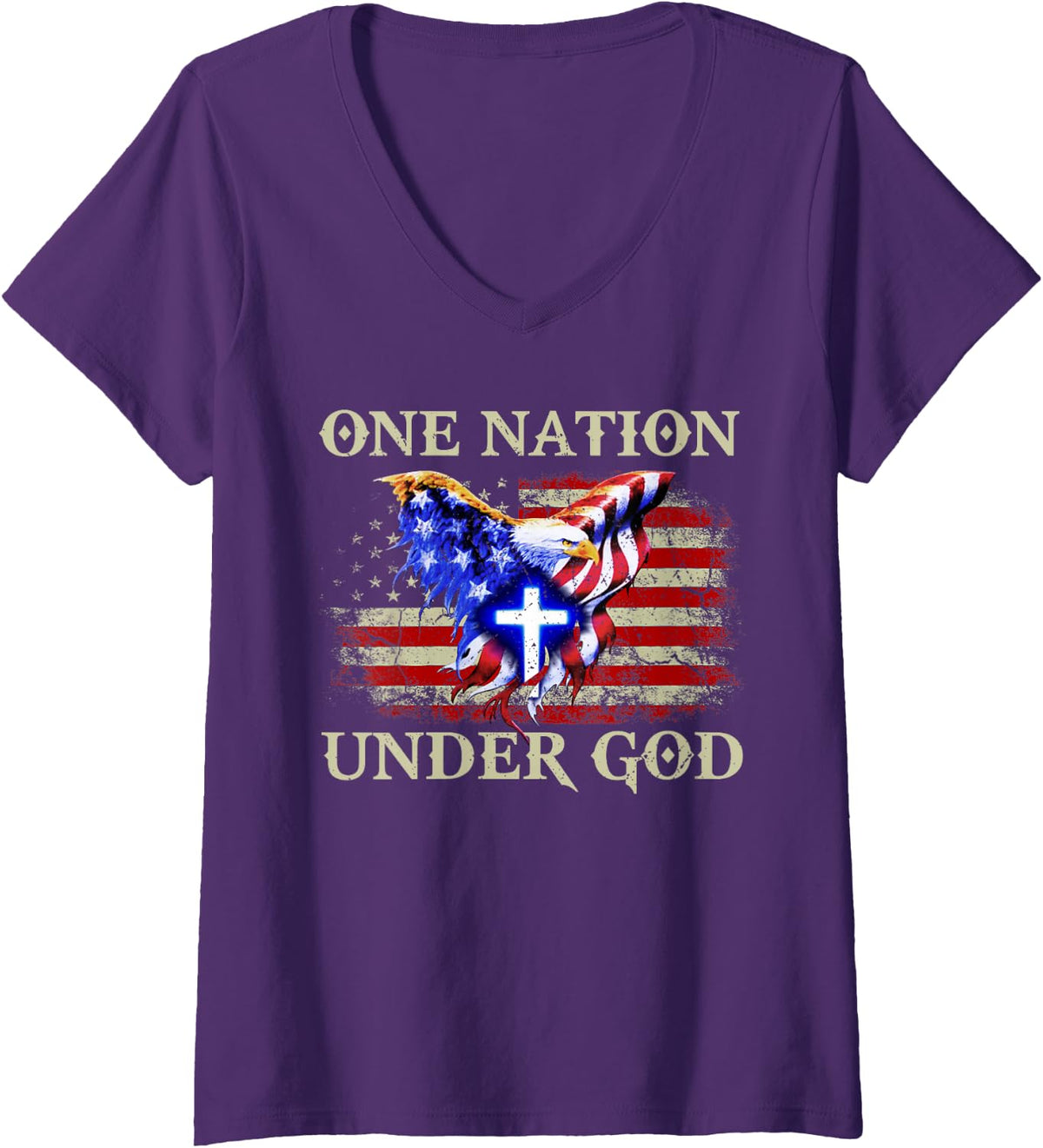 Womens one nation under god patriotic usa christian V-Neck T-Shirt - Purple