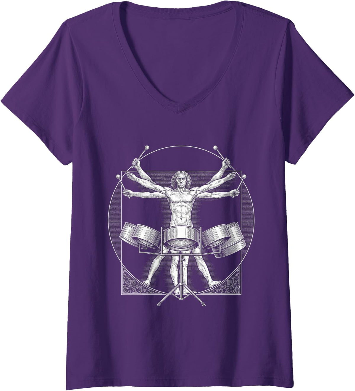Women's Steel Drum Marching Band DA Vinci Steel Drummer Vintage V-Neck T-Shirt - Purple