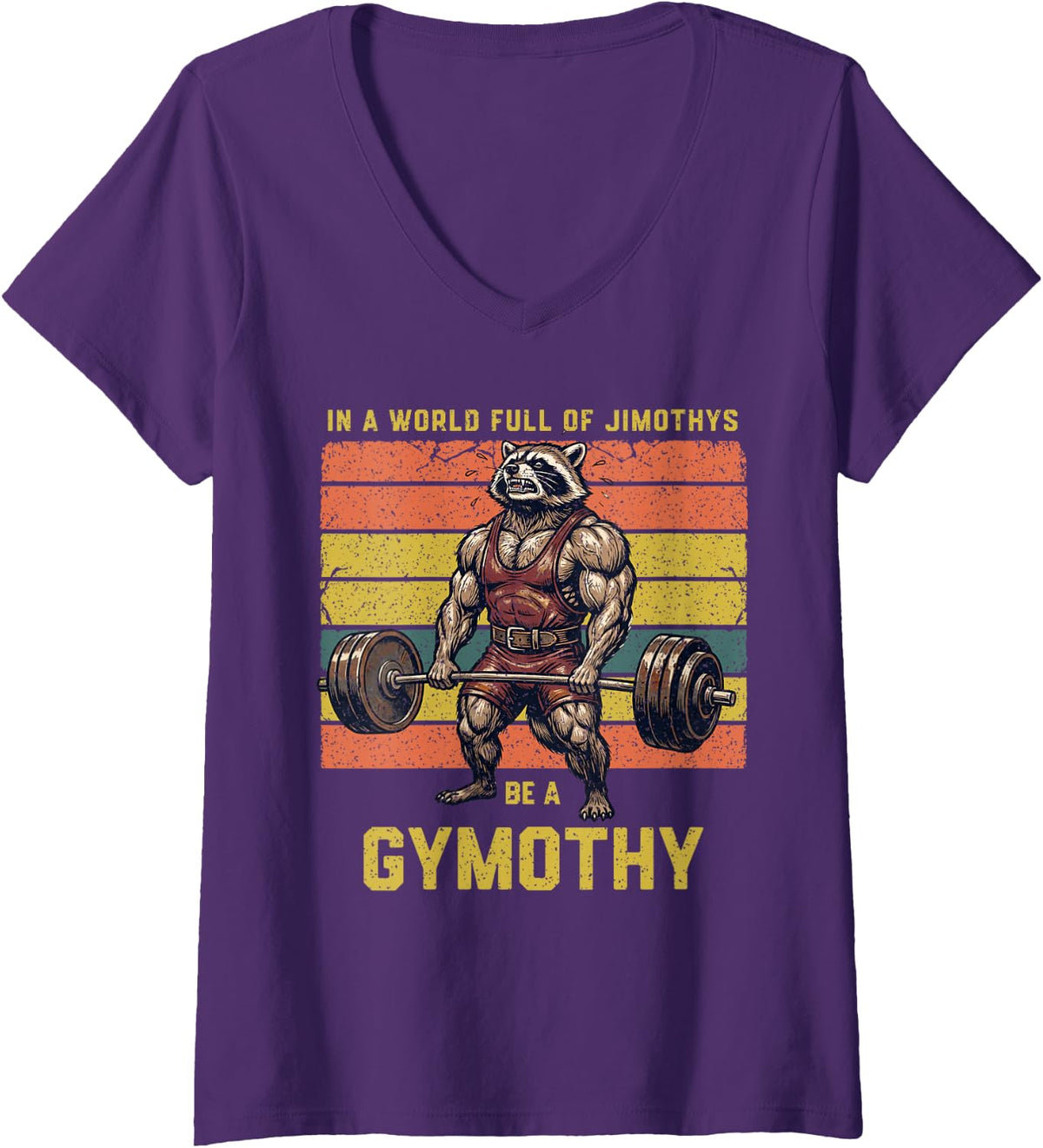 Women's Gymothy Raccoon Bodybuilding Workout Humor V-Neck T-Shirt - Purple