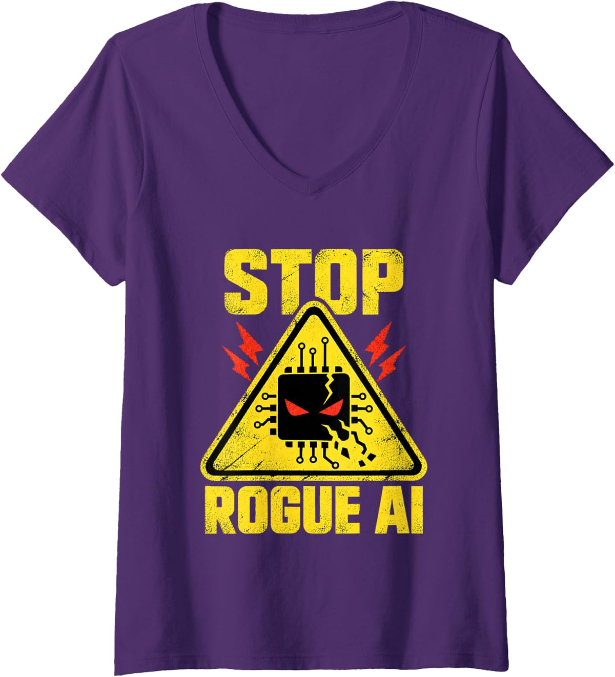 Women's Stop Rogue AI Artificial Intelligence Warning Sign V-Neck T-Shirt - Purple