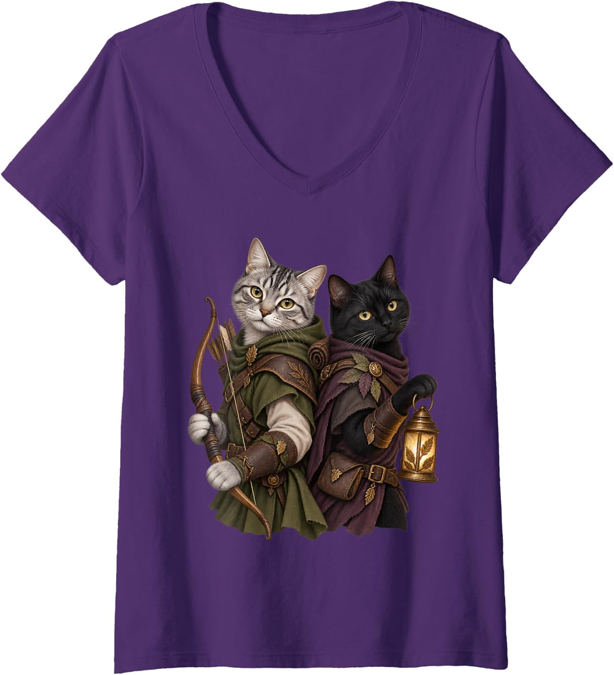 Women's Ranger and Rogue Cats Fantasy RPG Adventure Duo V-Neck T-Shirt - Purple