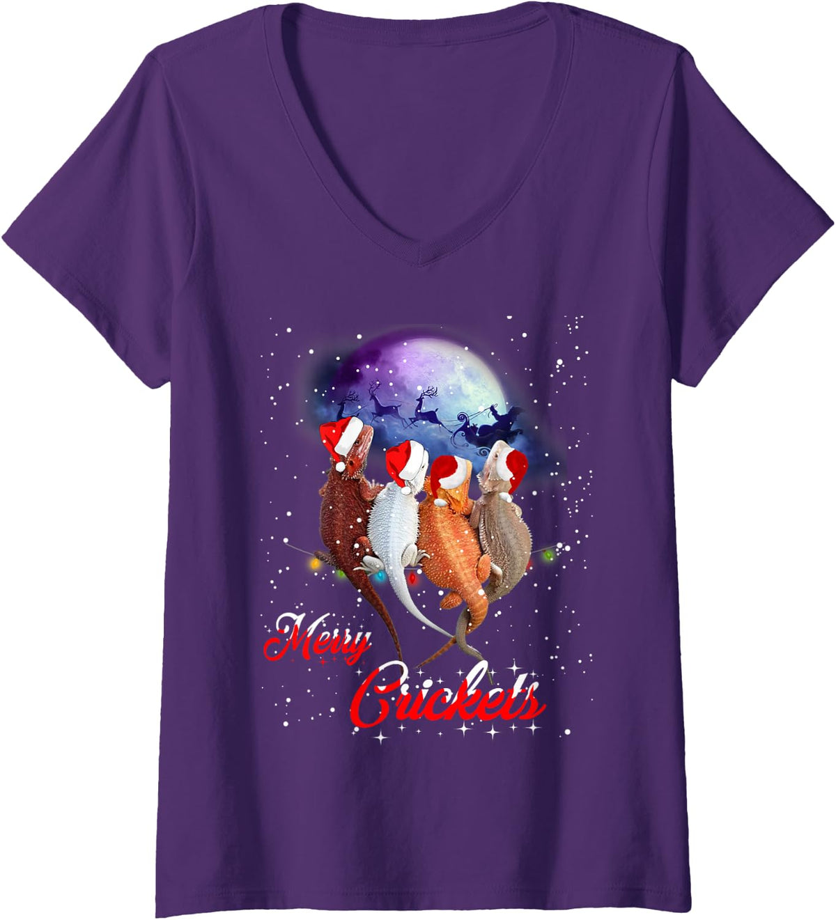Women's Funny Bearded Dragon Christmas Tee Merry Crickets Gift V-Neck T-Shirt - Purple