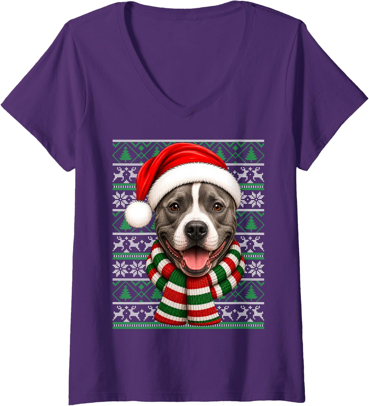 Women's American Staffordshire Terrier Christmas Santa Hat Ugly Xmas V-Neck T-Shirt - Purple