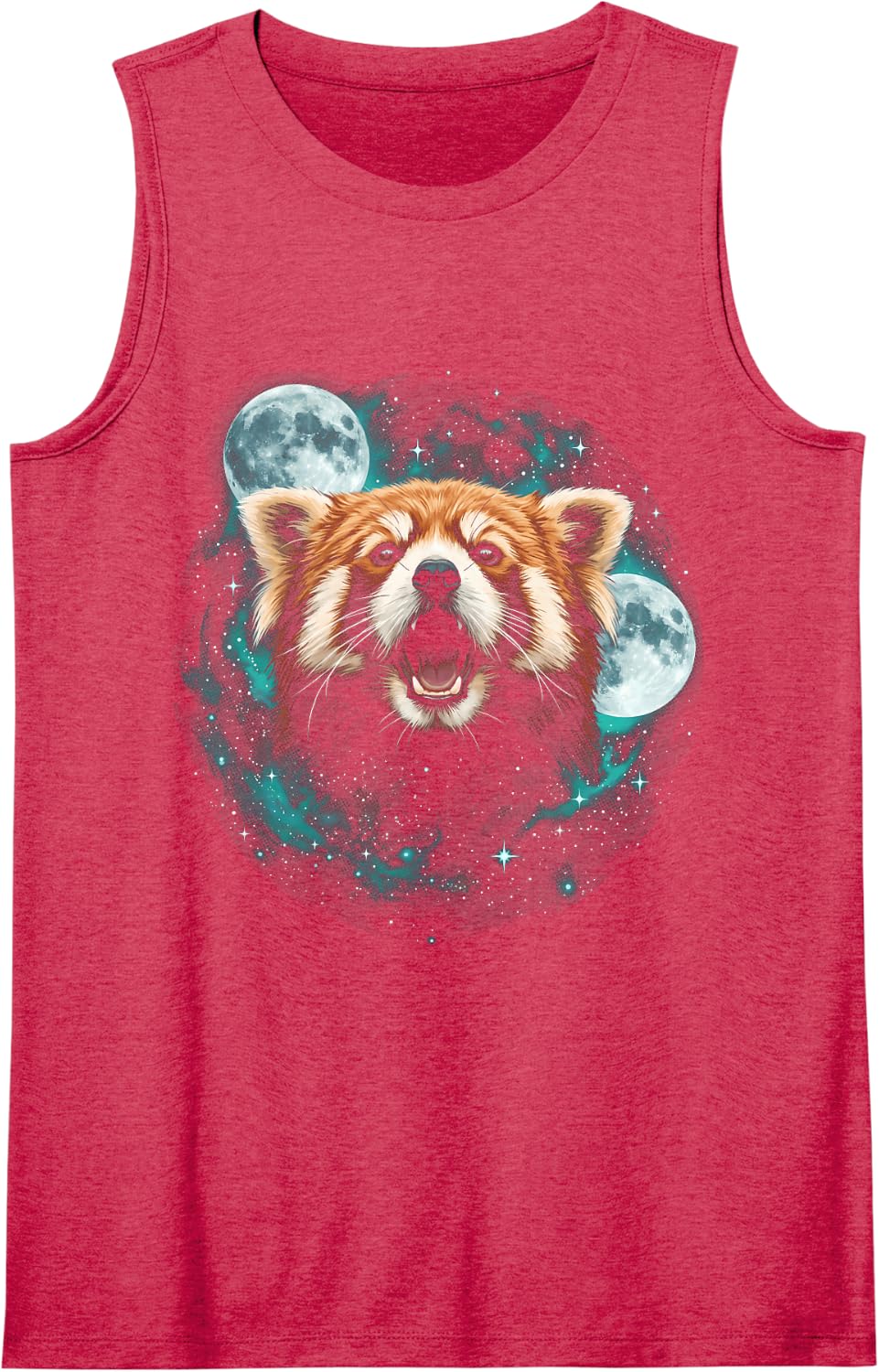 Red Panda Dual Moons Cosmic Stellar Nebula Dust Motif Sleeveless Tank Top - Red