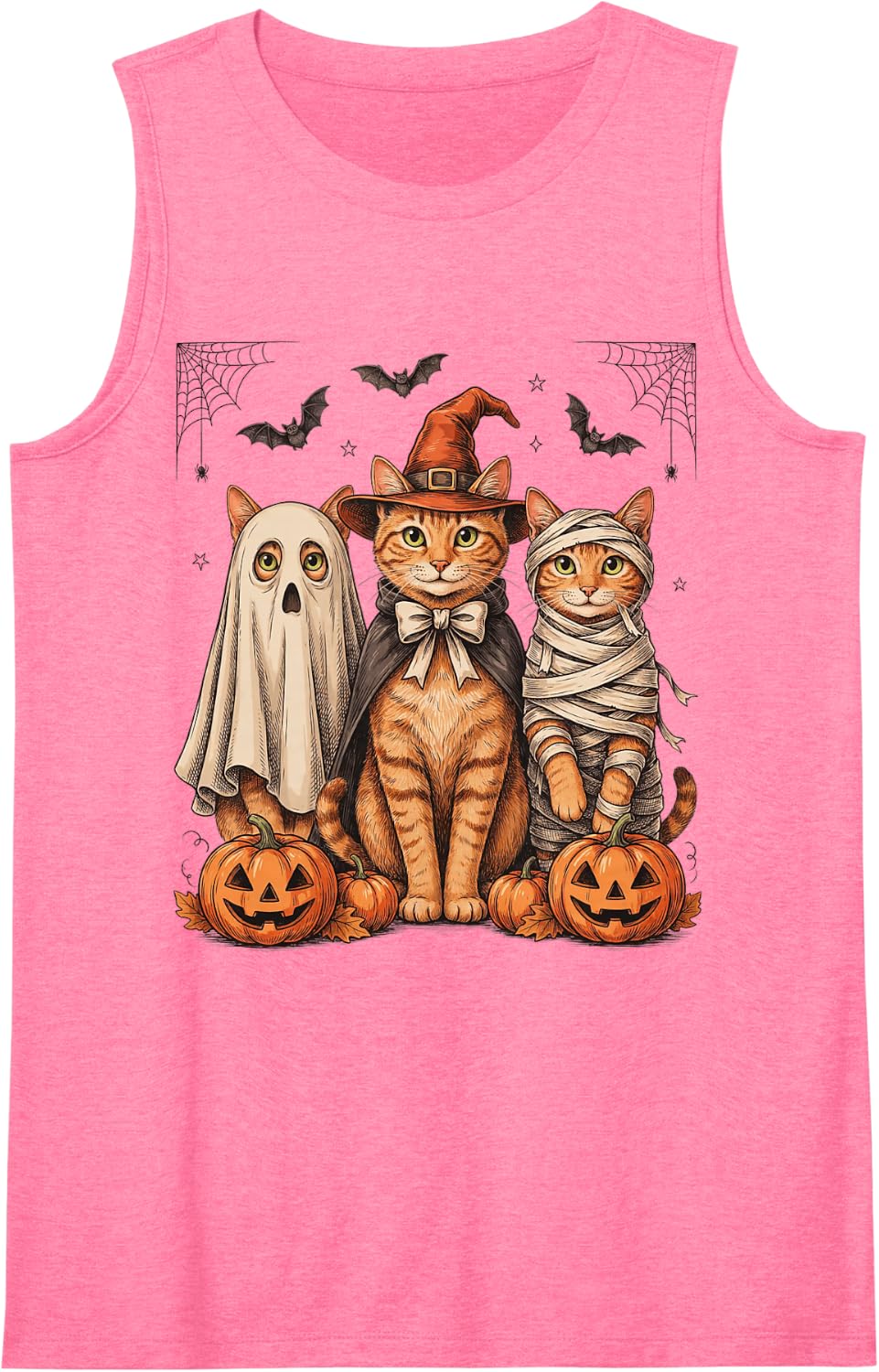 Vintage Halloween Orange Tabby Ghost Witch Mummy Sleeveless Tank Top - Pink