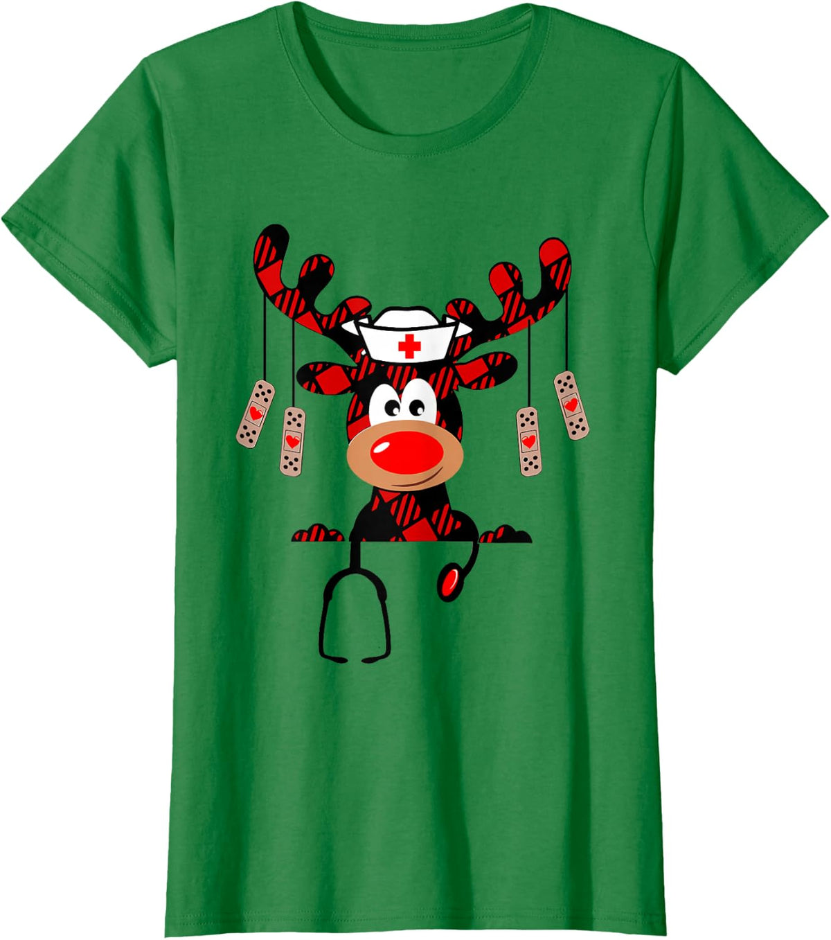 Nurse Christmas Reindeer Nurse Plaid NICU RN LPN Scrub Top T-Shirt - Kelly Green