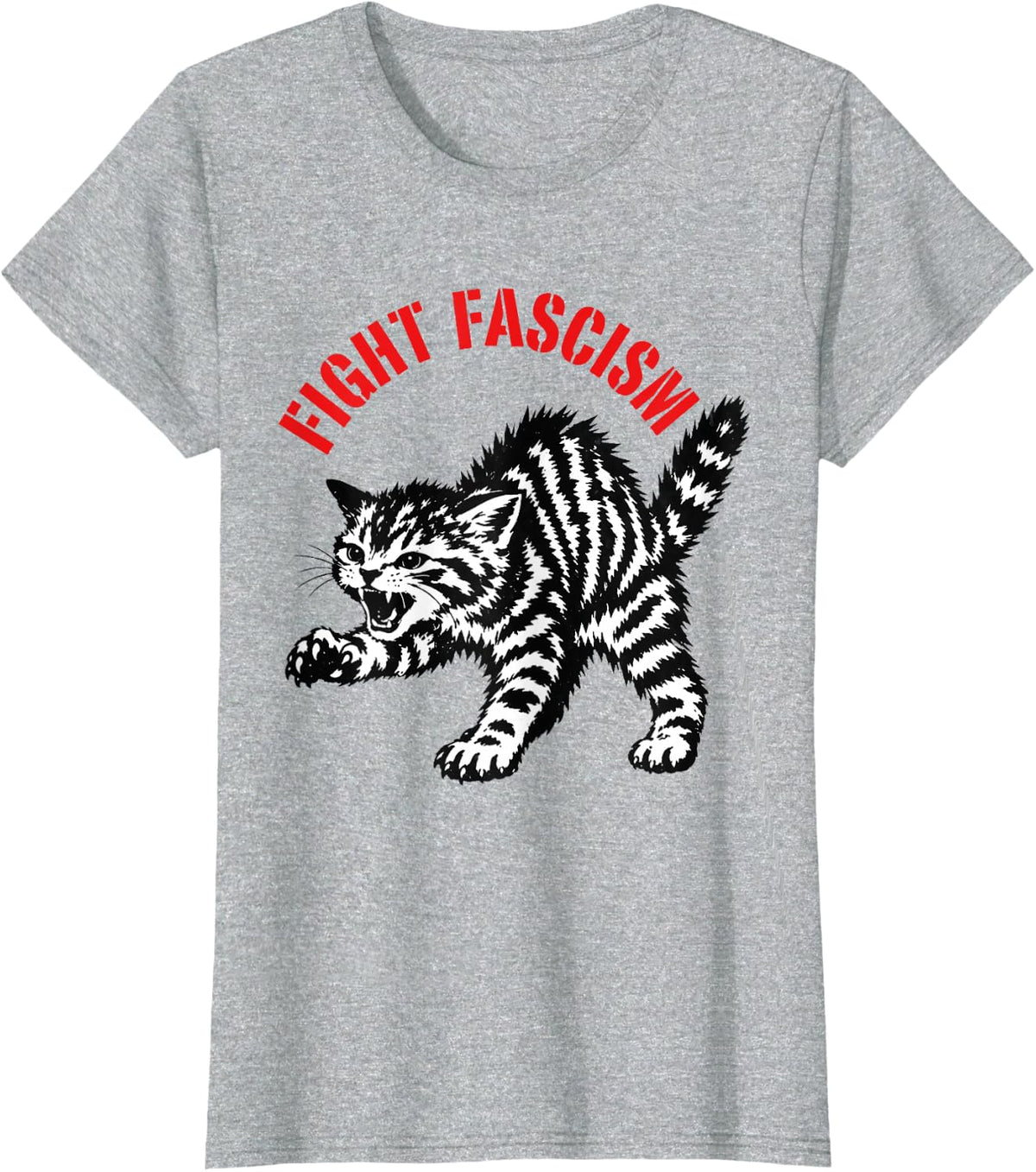 Fight Fascism Funny Angry Tabby Cat T-Shirt - Heather Grey