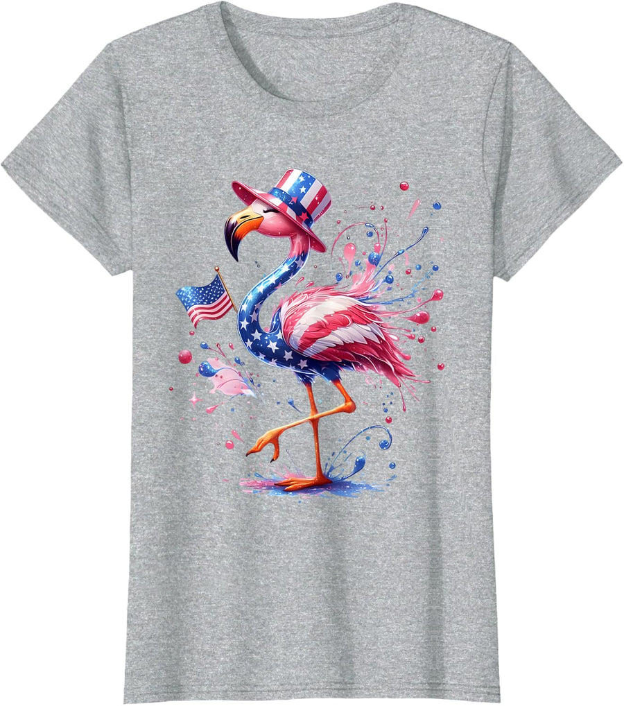 Patriotic Flamingo American Flag USA 4th Of July Animal T-Shirt - Heather Grey