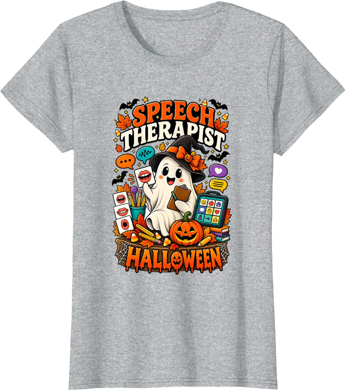 Speech Therapist Halloween Cute Ghost SLP T-Shirt - Heather Grey