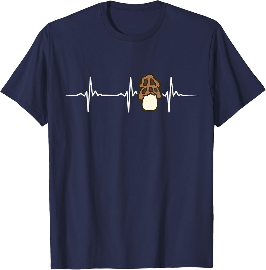 Morel Heartbeat Foraging Mushroom Hunting T-Shirt - Navy Blue