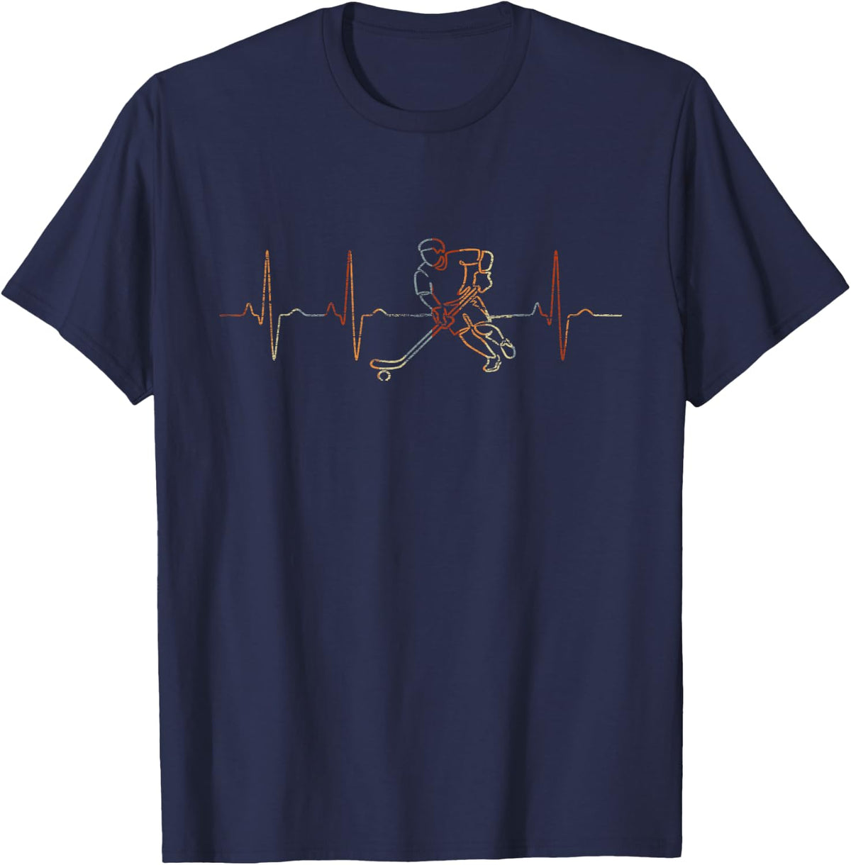 Field Hockey Heartbeat Vintage ECG Cardiogram Retro T-Shirt - Navy Blue