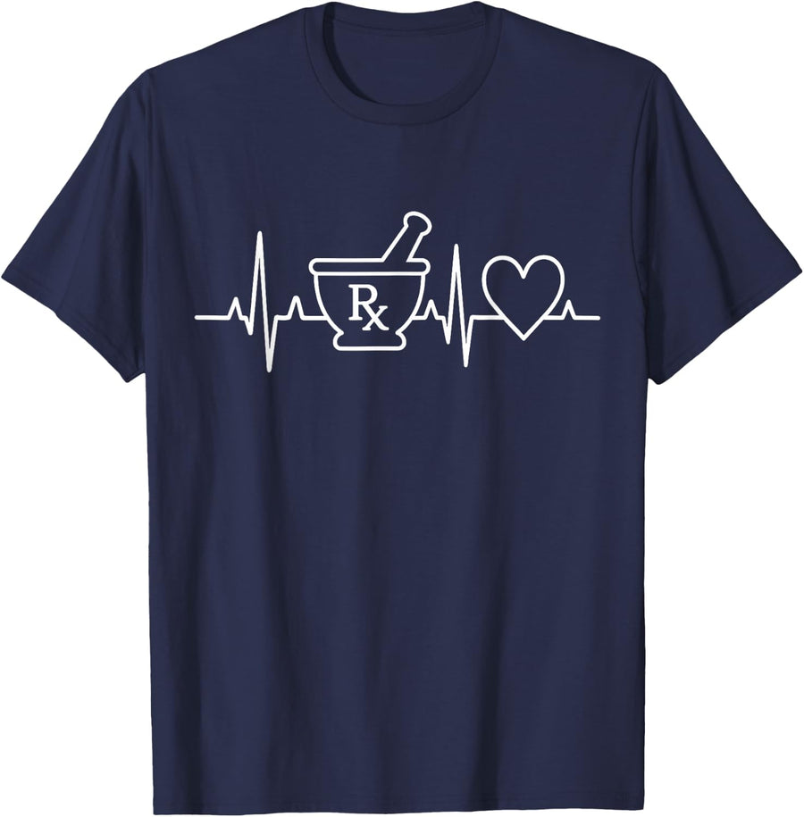Pharmacy Heartbeat Rx Mortar Pestle Pulse Line T-Shirt - Navy Blue