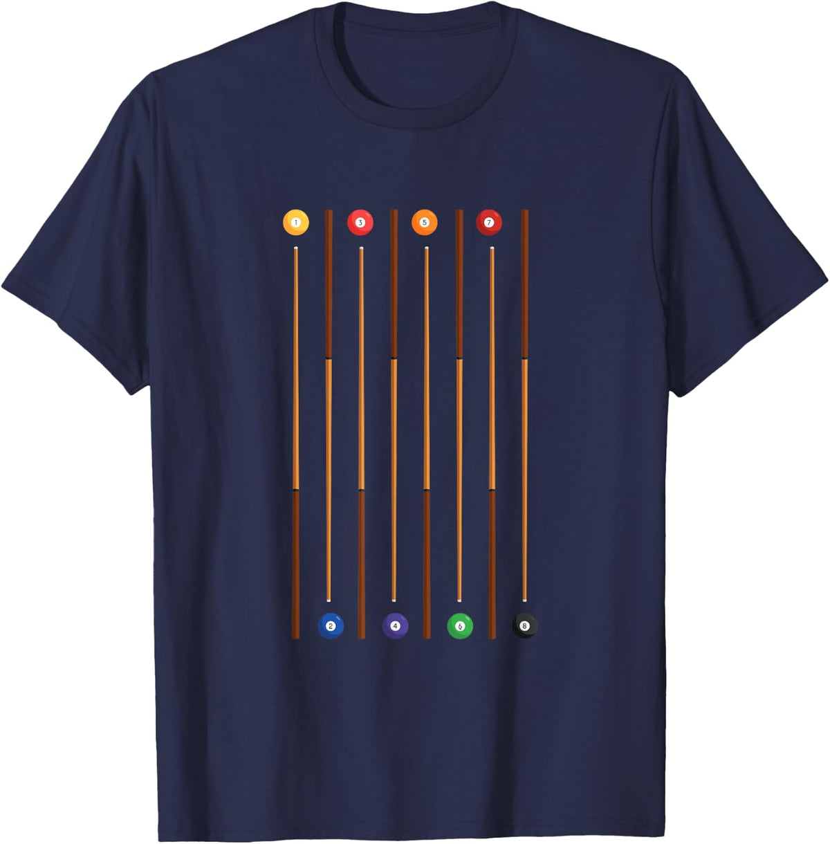 Billiard Cue and 8 Billiard Balls Gift Fun T-Shirt - Navy Blue