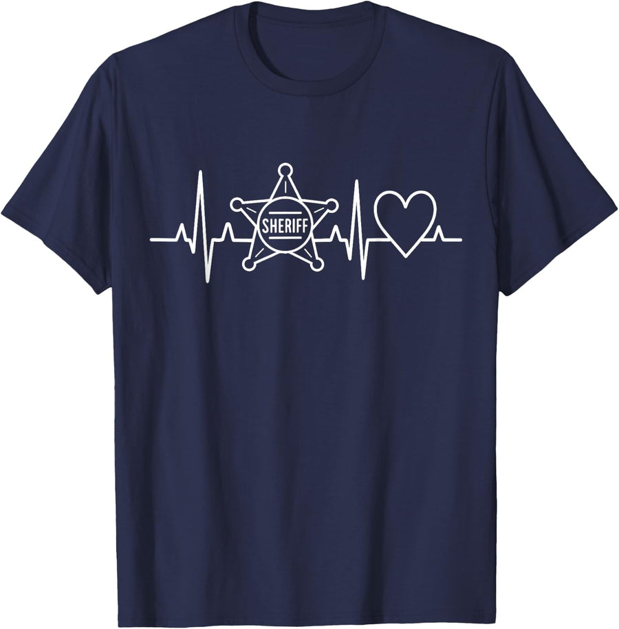 Sheriff Heartbeat EKG Badge Deputy Law Enforcement T-Shirt - Navy Blue