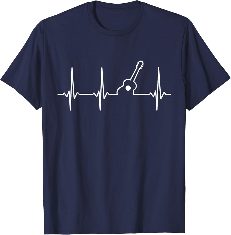 Guitarist Musician Heartbeat Acoustic Guitar T-Shirt - Navy Blue