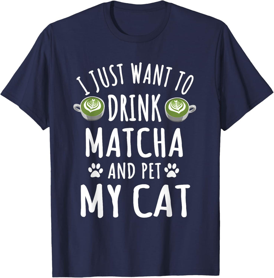 Cute Matcha And Cat Lover Outfit Cats Owner Love Matcha T-Shirt - Navy Blue