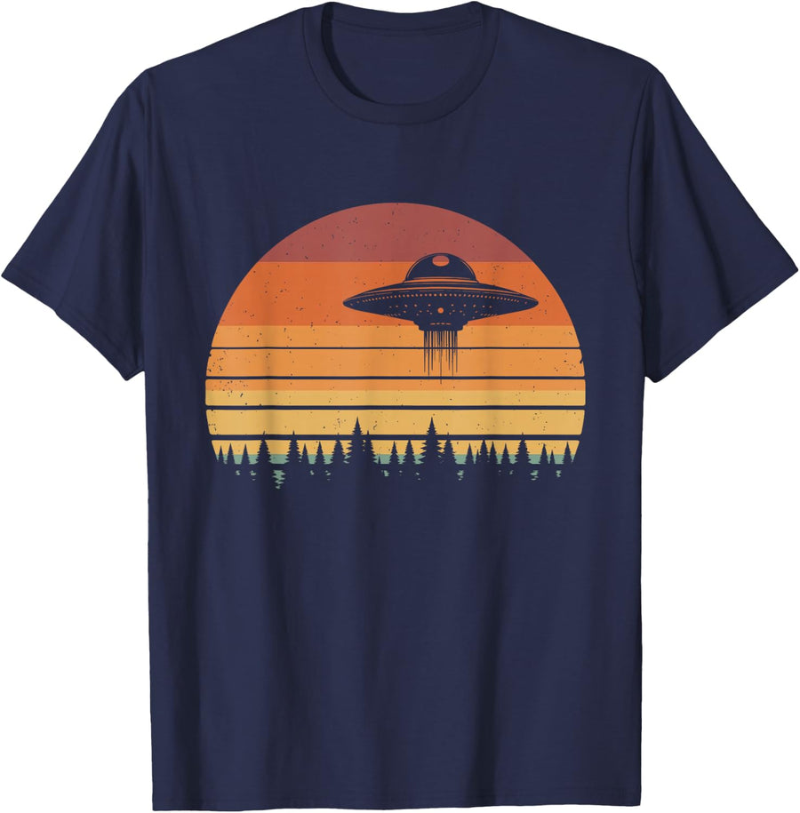 UFO Abduction Moon Day Retro Alien Spaceship Sci-fi T-Shirt - Navy Blue