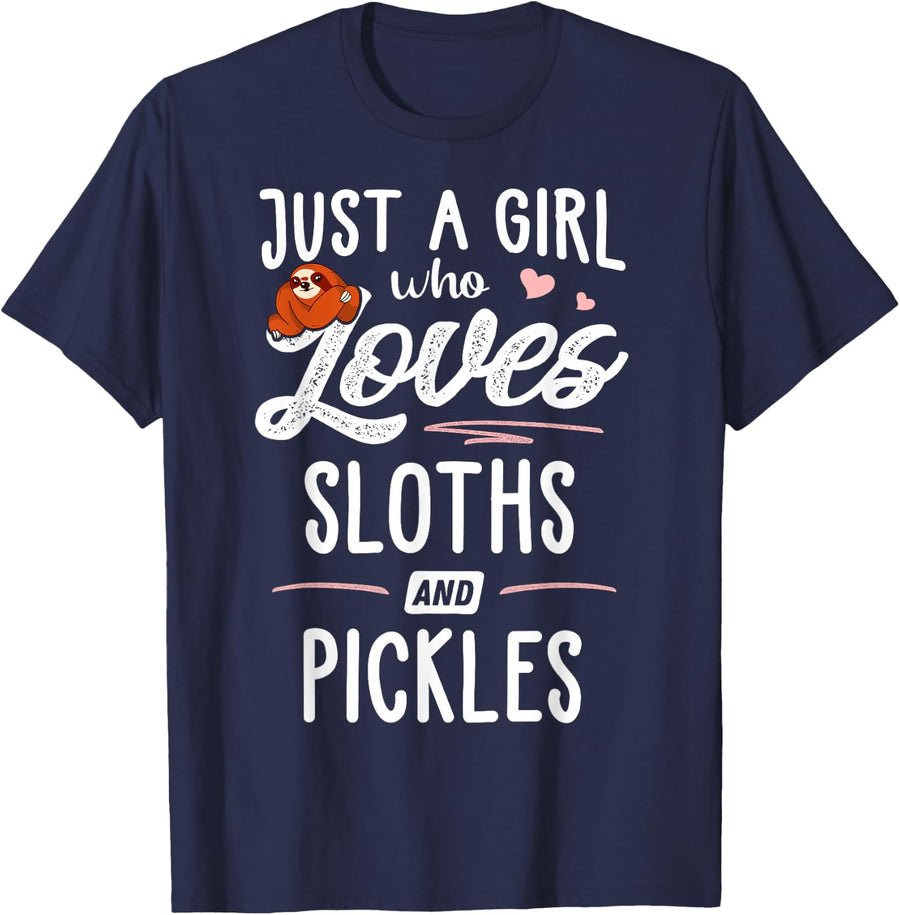 Just A Girl Who Loves Sloths And Pickles Gift Sloth Lover T-Shirt - Navy Blue