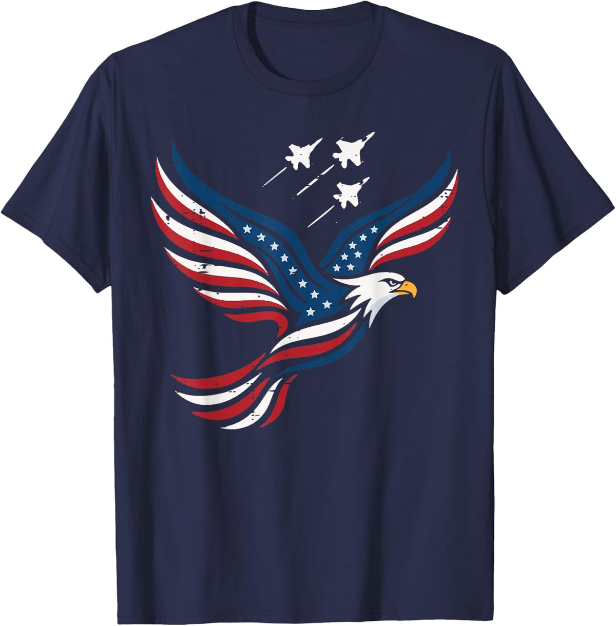 4th of July USA Flag Eagle Jets Patriotic Men Women Kids T-Shirt - Navy Blue