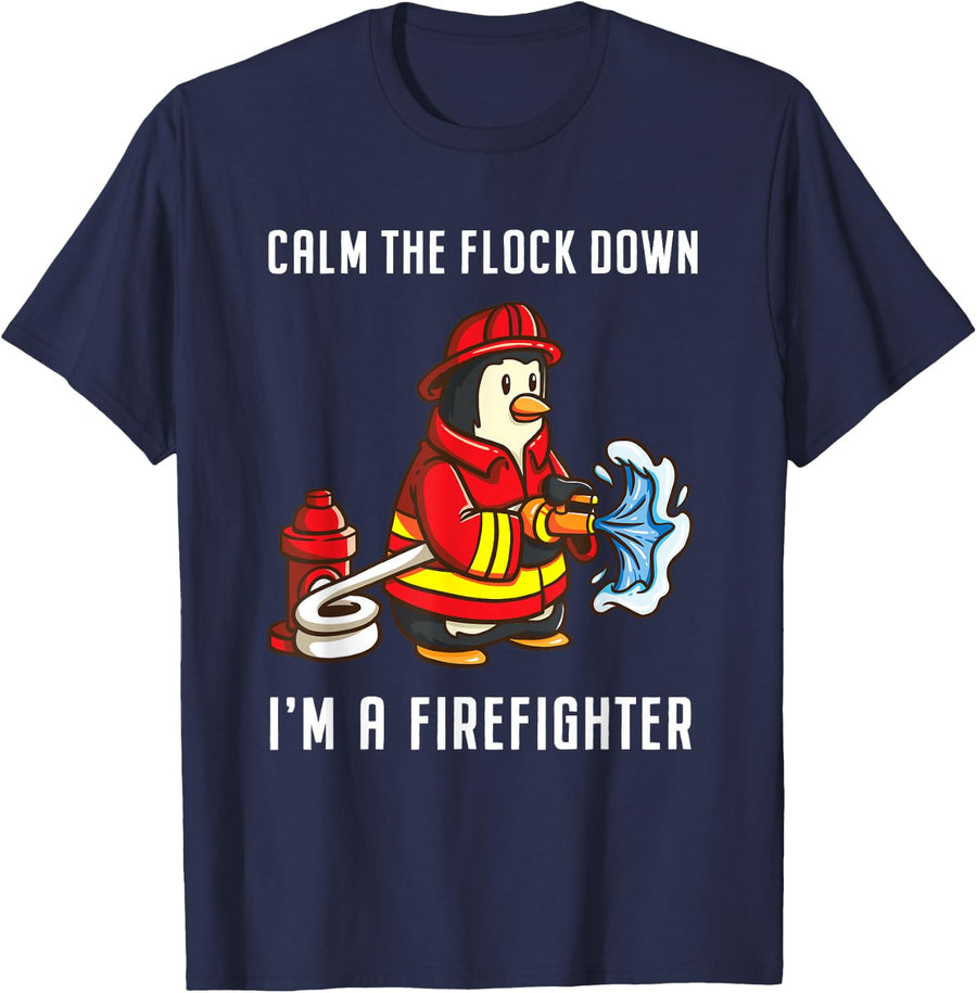 Fireman Penguin Gifts for Fireman Boys T-Shirt - Navy Blue