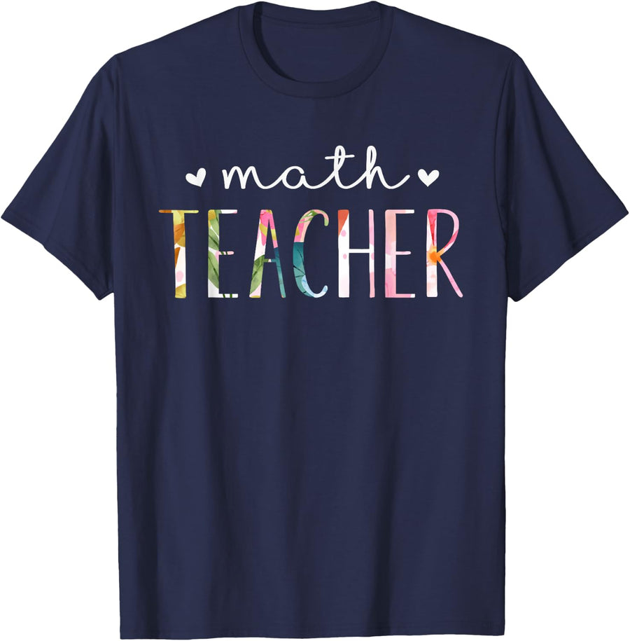 Math Teacher Cute Floral Design T-Shirt Small - Navy Blue