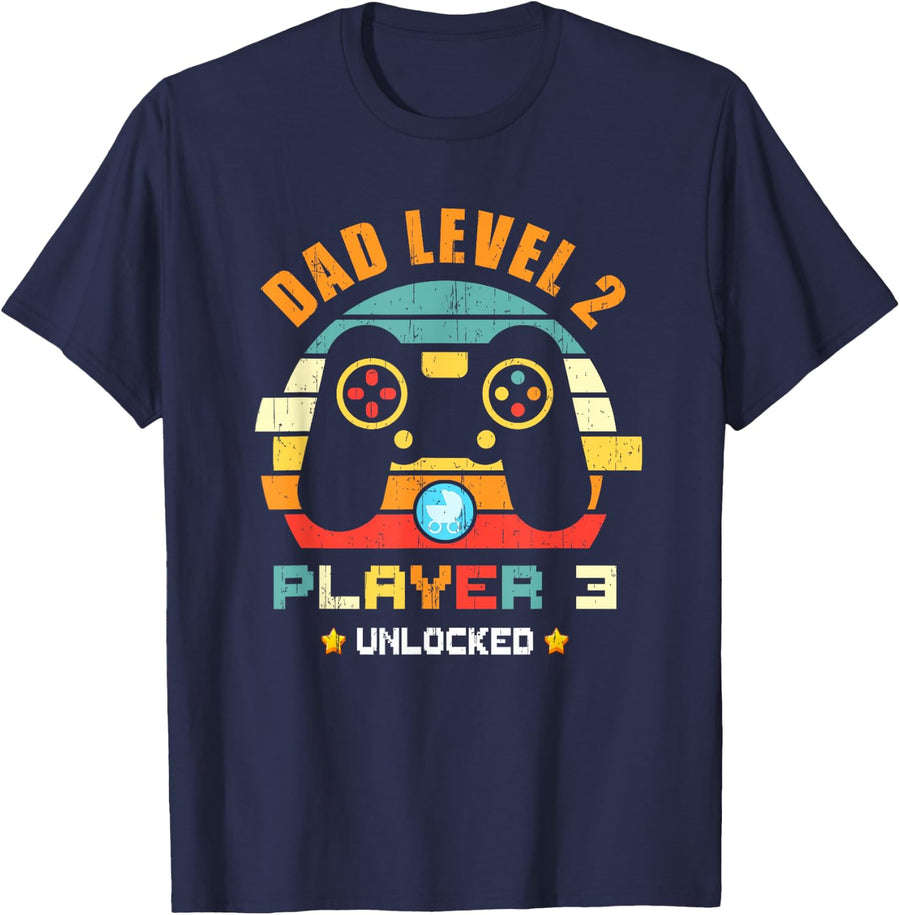 Dad Level 2 Player 3 Unlocked Funny Daddy Again Retro Gaming T-Shirt - Navy Blue