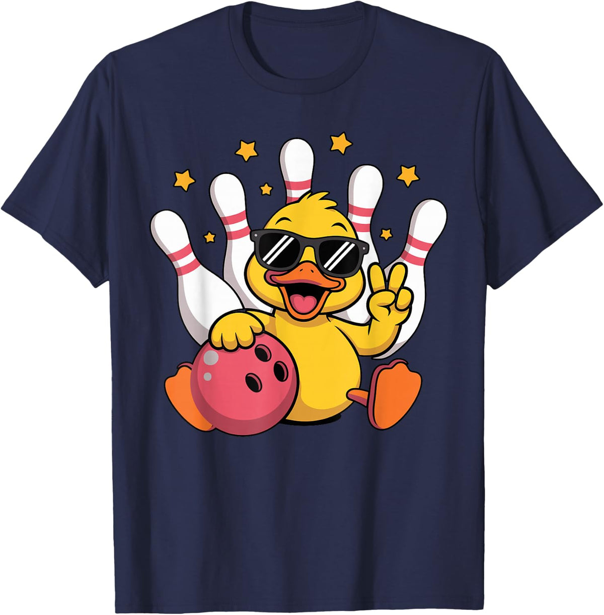 Funny Duck Bird Bowling Ball Cute Graphic Animal Bowler T-Shirt - Navy Blue