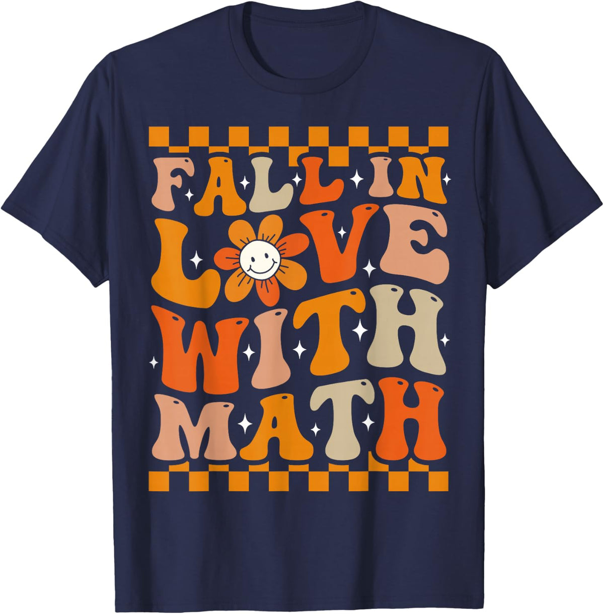 Fall in Love with Math Cute Groovy Thanksgiving Math Teacher T-Shirt - Navy Blue