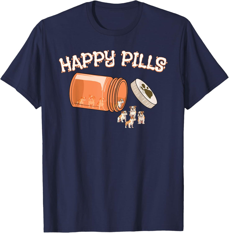 Happy Pills Bulldog Funny Canine Puppy Dog Lovers Novelty Men Women T-Shirt - Navy Blue