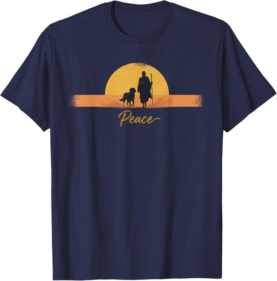 Peace Minimalist Zen Art Walk for Peace Monks with Aloka Dog T-Shirt - Navy Blue