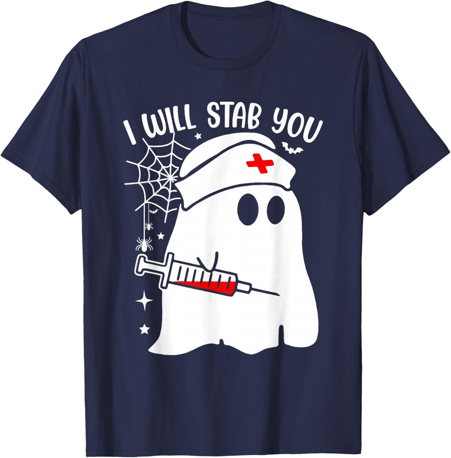 I Will Stab You Funny Ghost Nurse Halloween Costume T-Shirt - Navy Blue