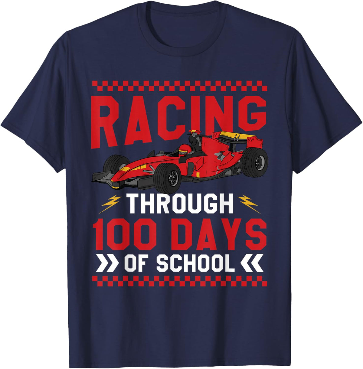 Racing Through 100 Days of School Racecar 100th Day T-Shirt - Navy Blue