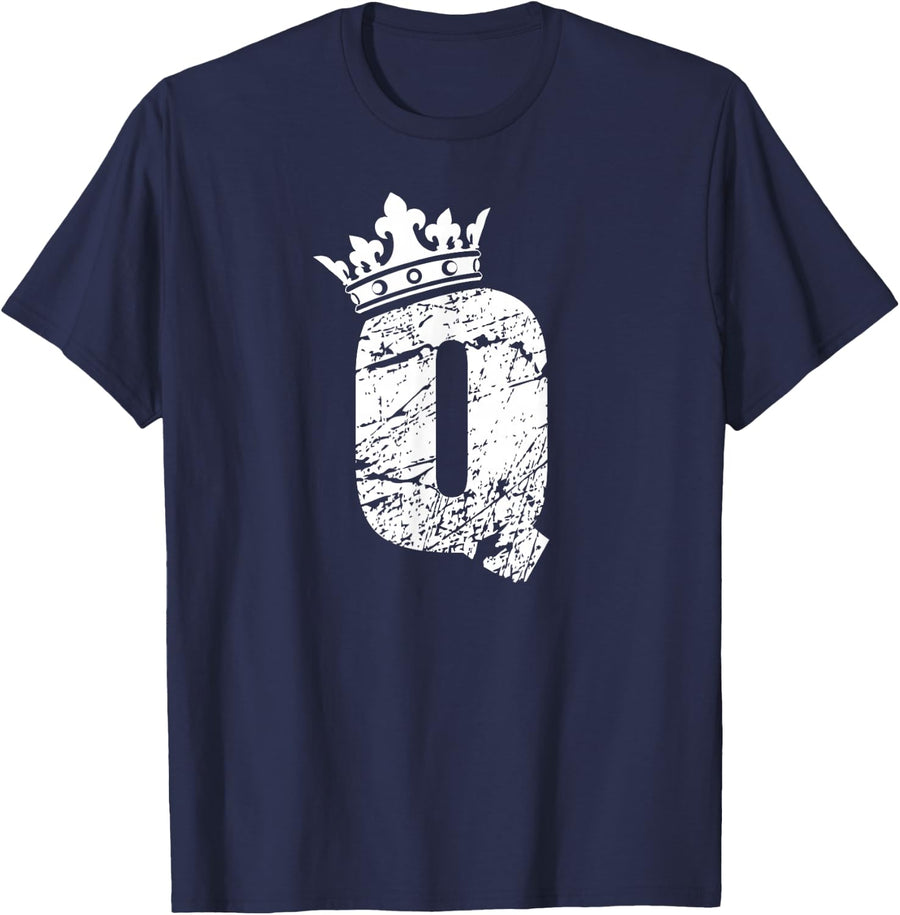 Alphabet T Shirt- Initial Letter Q And King Queen Crown Tee T-Shirt - Navy Blue