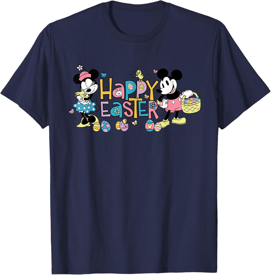 Disney Mickey Mouse & Minnie Mouse Retro Pastel Happy Easter T-Shirt - Navy Blue