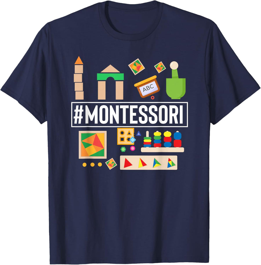 Novelty Montessori Studying Learning Schooling Teacher Love T-Shirt - Navy Blue