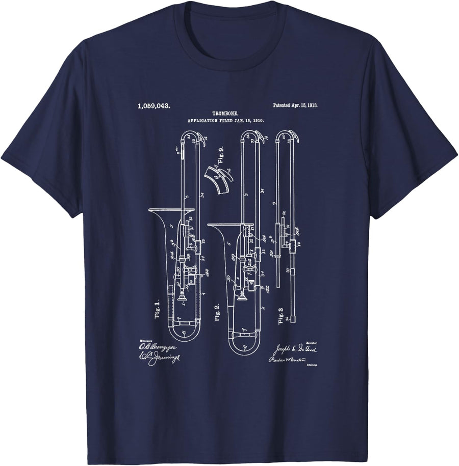 Trombone Blueprint Vintage Patent Instrument Trombone Player T-Shirt - Navy Blue