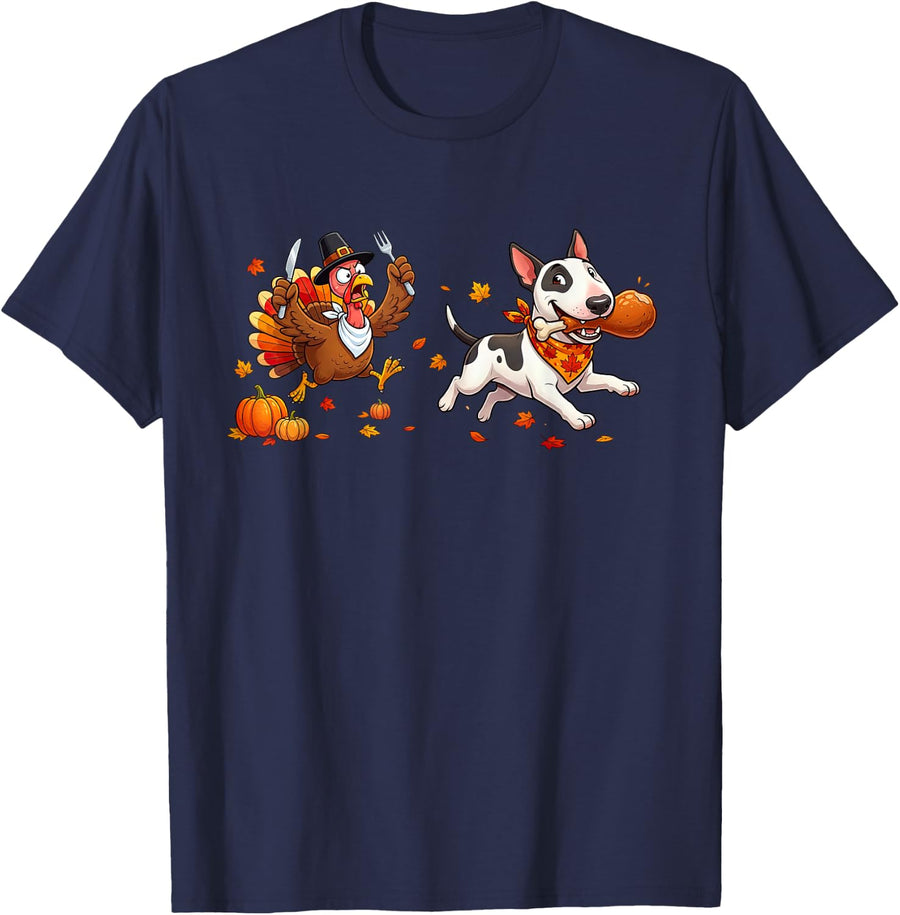 Thanksgiving Turkey Bull Terrier Dog Autumn Womens Mens Kids T-Shirt - Navy Blue