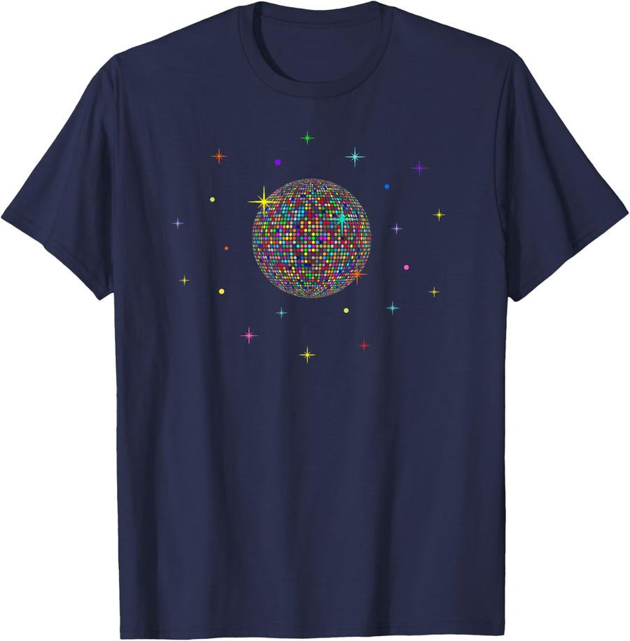 Retro Disco Ball, Colorful 70's 80's Rainbow Dance Club T-Shirt - Navy Blue