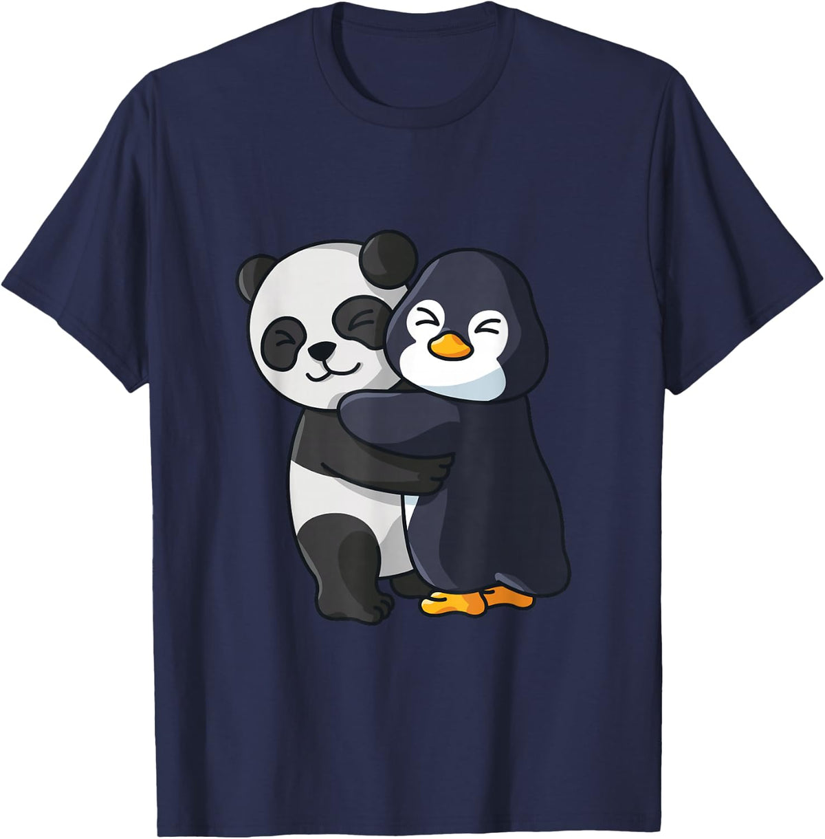 Panda and Penguin Cute Animal Lover Hugging Women Girls T-Shirt - Navy Blue