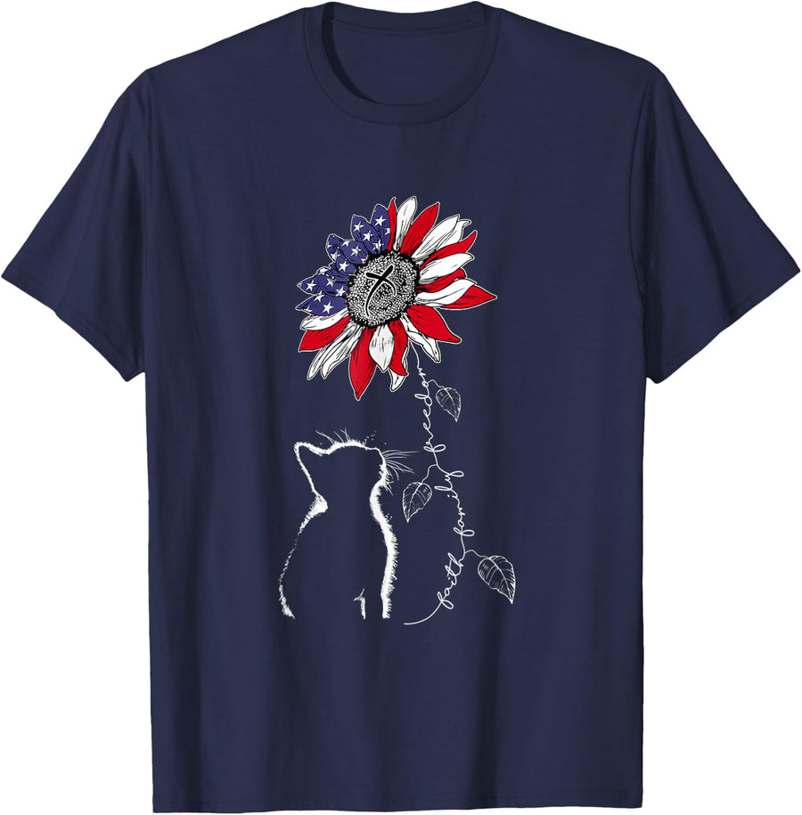 Women Cat Sunflower 4th of July Faith Freedom Patriotic T-Shirt - Navy Blue